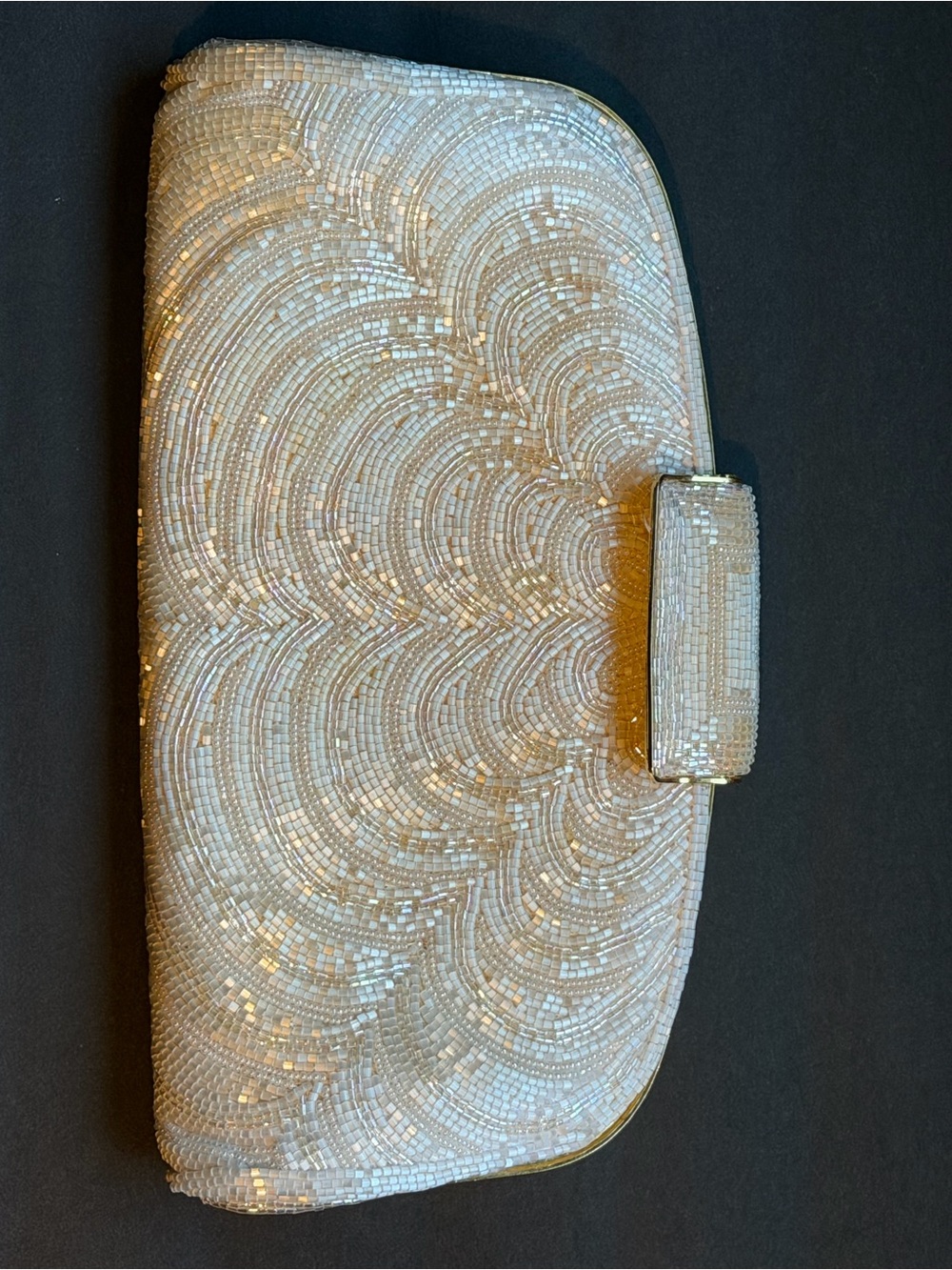 1950’s Designer Jeromes Beaded Pearlescent Ivory Evening Clutch w/ Metal Strap
